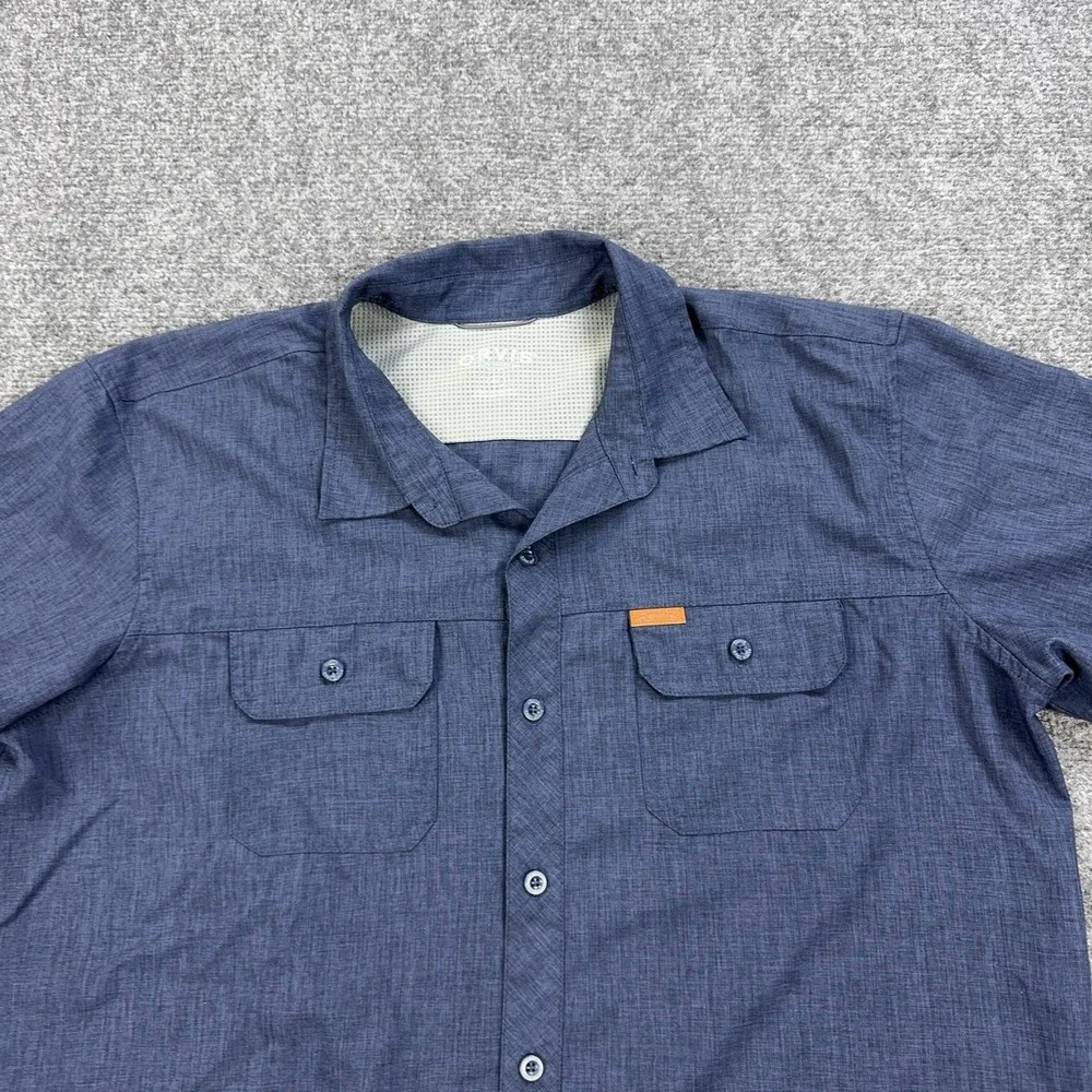 Orvis Shirt Mens XL Blue Solid Polyester Short Sleeve Button Front Casual